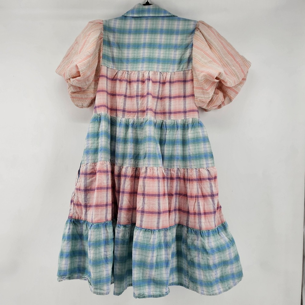 Entro Pastel Plaid Patchwork Babydoll Mini Dress Puff Sleeve Fairy Festival Med - Picture 2 of 8